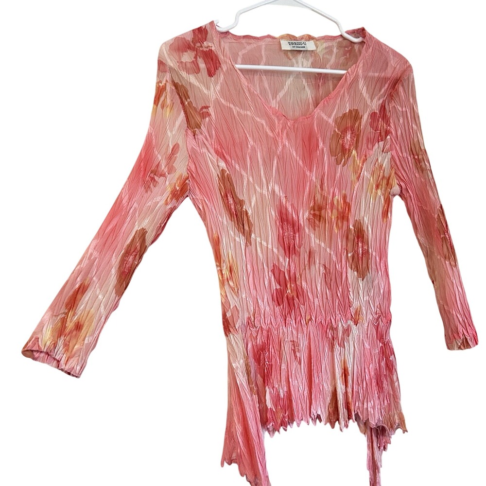 Vtg Y2K Fairy Pink Floral Top Sz M Ethereal Crinkle Sharkbite Hem Whimsical - Picture 2 of 14